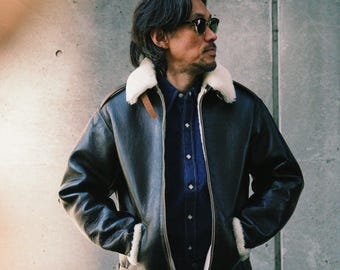 Men's Black Sheepskin Leather Aviator Jacket, Cream Faux Fur Collar, Winter Flight Bomber