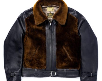 Men's Black Leather Aviator Jacket, Brown Faux Fur Bomber, Genuine Sheepskin Winter Jacket
