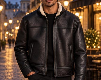 May include: A black leather jacket with a white shearling collar and lining, featuring a front zipper closure, long sleeves with cuffs, and two side pockets. The ORIXO LEATHER logo is visible in the upper left corner of the image.