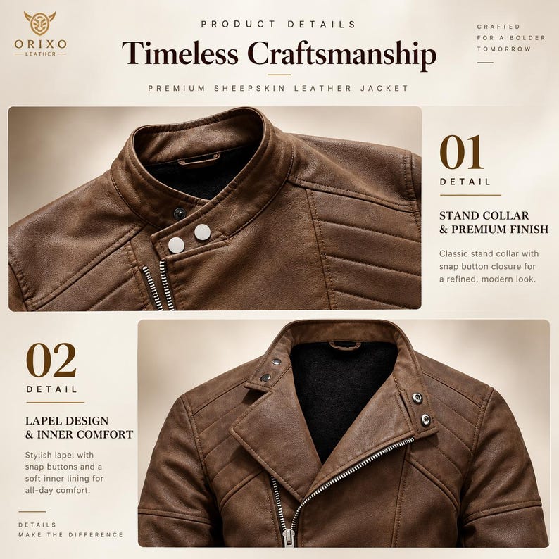 Premium men’s brown leather biker jacket with sheepskin construction, stand collar, zipper pockets, reinforced stitching, and thick fleece lining.
#LeatherJacket #MensBiker #BrownLeather #Sheepskin #MotoJacket #MensCoat #BikerWear #RiderStyle #WinterJacket #LeatherWear #RetroJacket #MensFashion #WarmCoat #StandCollar #MotoWear #RiderJacket #MensGift #WinterWear #LeatherStyle #Outerwear