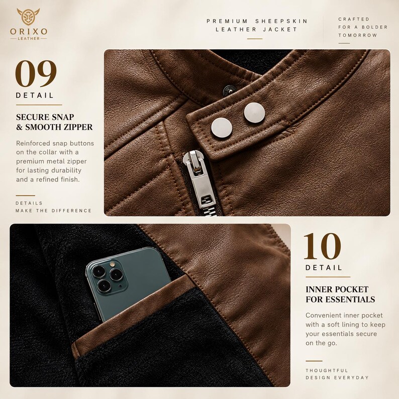 Retro men’s motorcycle jacket in brown sheepskin leather with stand collar, metal zipper closure, practical pockets, and warm fleece interior.
#RetroJacket #MotoJacket #MensLeather #BrownLeather #BikerJacket #Sheepskin #RiderJacket #MensCoat #WinterWear #MotoWear #LeatherStyle #BikerStyle #WarmJacket #MensFashion #RiderWear #StandCollar #MensGift #LeatherCoat #WinterStyle #Outerwear