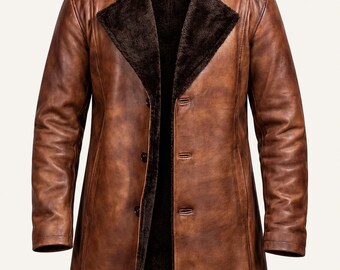 Men's Brown Sheepskin Leather Coat, Faux Fur Lined Vintage Winter Overcoat
