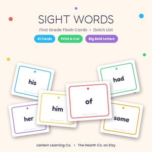 May include: A set of educational flash cards for first grade sight words from the Dolch list. The cards feature bold black text on white backgrounds with colourful borders. Text includes 'SIGHT WORDS', '41 Cards', 'Print & Cut', and 'Big Bold Letters'.