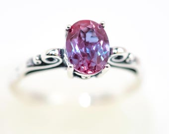 Alexandrite Scroll Ring 1.5 Carat Oval Faceted in Sterling Silver