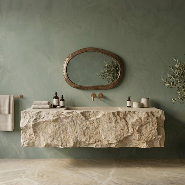 Travertine Wall Mounted Sink, Hand Carved Natural Stone Floating Vanity Basin, Rustic Bathroom Sink