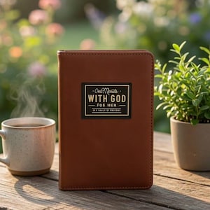 May include: A brown leather-bound book with a rectangular black label on the front cover. The label features gold text that reads One Minute WITH GOD FOR MEN. The book is positioned upright on a wooden surface next to a steaming ceramic mug.