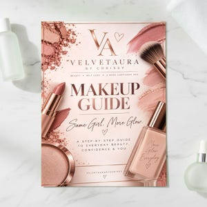 May include: A rectangular makeup guide brochure with a rose gold and cream color palette. The text reads Velvetaura by Chrissy, Makeup Guide, Same Girl. More Glow., and A Step-By-Step Guide To Everyday Beauty, Confidence & You.