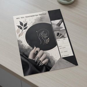 May include: A rectangular Nail Tech Transformation Portfolio document featuring a black and white design with a hand illustration, nail art photos, and sections for notes, color palette, client signature, and next appointment details.