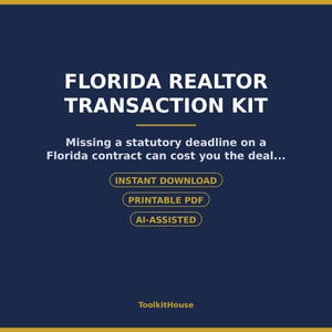 May include: A dark blue digital document titled FLORIDA REALTOR TRANSACTION KIT. Text warns that missing a statutory deadline on a Florida contract can cost you the deal. Includes buttons for INSTANT DOWNLOAD, PRINTABLE PDF, and AI-ASSISTED.