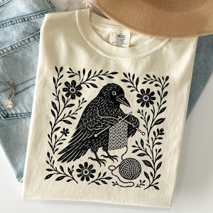 Crow Knitting Shirt, Linocut Style Print, Floral Leaf Border Tee, Bird Lover Gift