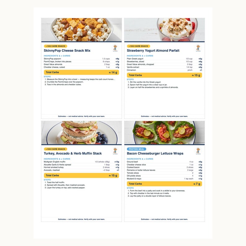Rezeptkarten für Typ-1-Diabetes, 50 druckbare kohlenhydratarme Snacks und Mahlzeiten für Kinder mit Kohlenhydratangaben, Englisch und Spanisch Bild 3