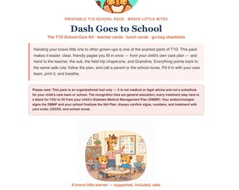 Type 1 Diabetes School Kit Printable, T1D Teacher Card, 504 DMMP Meeting Checklist, Field Trip Go Bag List, Back to School PDF