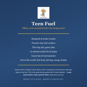 Voedingsgids voor tieners met diabetes type 1: snacks en maaltijden met koolhydraatberekening, printbaar en geschikt voor sport en school. afbeelding 1