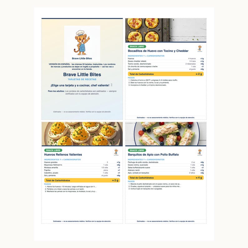 Rezeptkarten für Typ-1-Diabetes, 50 druckbare kohlenhydratarme Snacks und Mahlzeiten für Kinder mit Kohlenhydratangaben, Englisch und Spanisch Bild 6