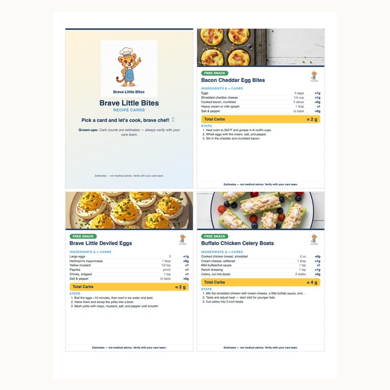 Rezeptkarten für Typ-1-Diabetes, 50 druckbare kohlenhydratarme Snacks und Mahlzeiten für Kinder mit Kohlenhydratangaben, Englisch und Spanisch Bild 1