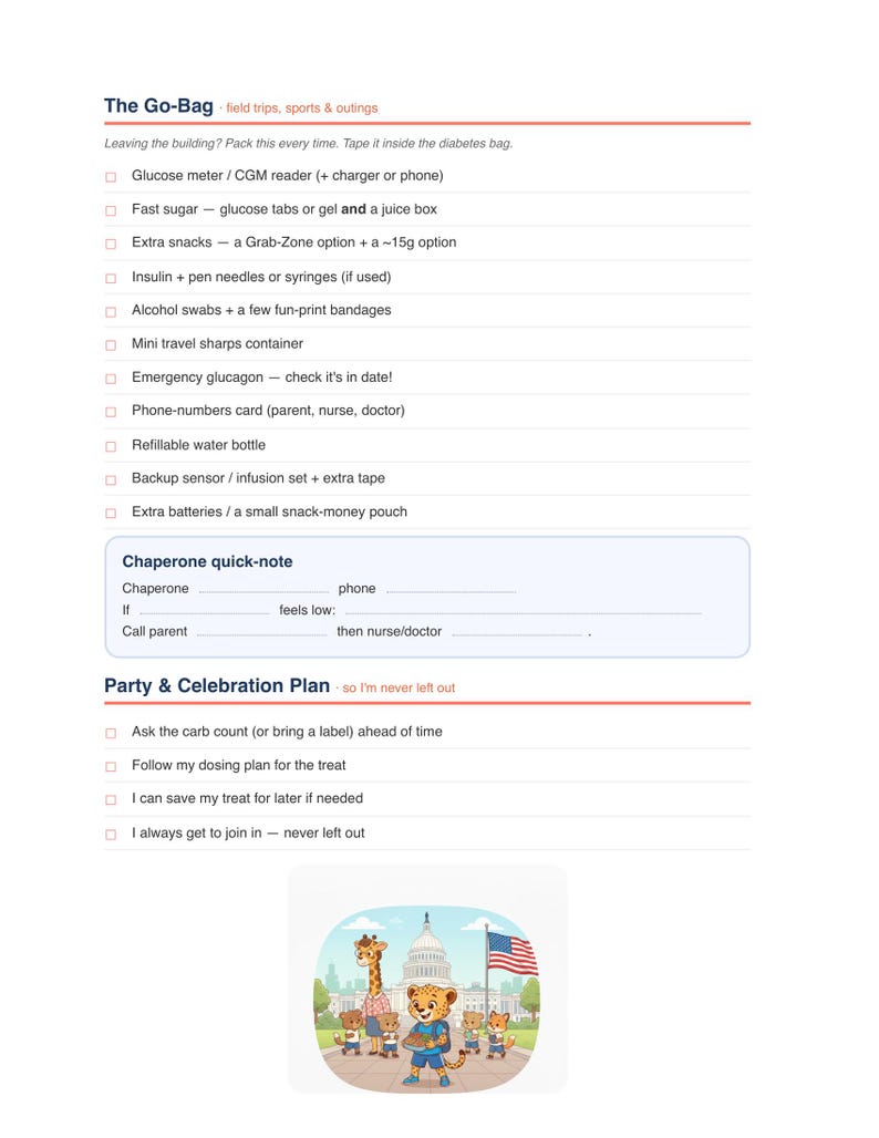 Kit Escolar para Diabetes Tipo 1 (Imprimível), Cartão para Professor de Diabetes Tipo 1, Lista de Verificação para Reunião do Plano 504 de Gerenciamento de Diabetes, Lista de Itens Essenciais para Passeios Escolares, PDF de Volta às Aulas imagem 4