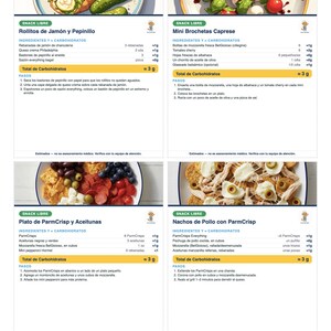 Sample Spanish recipe cards page with ingredients, carb counts and steps in Spanish