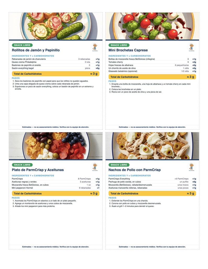 Sample Spanish recipe cards page with ingredients, carb counts and steps in Spanish