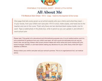 Type 1 Diabetes All About Me Sheet, Printable T1D School Nurse and Teacher Info Form