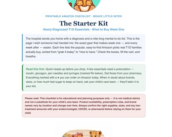 Newly Diagnosed Type 1 Diabetes Starter Kit, Printable T1D Week One Checklist for Parents