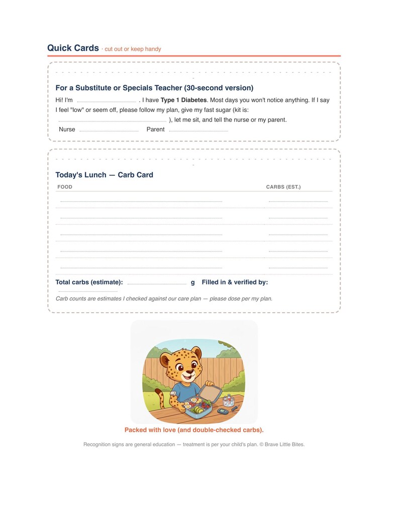 Kit Escolar para Diabetes Tipo 1 (Imprimível), Cartão para Professor de Diabetes Tipo 1, Lista de Verificação para Reunião do Plano 504 de Gerenciamento de Diabetes, Lista de Itens Essenciais para Passeios Escolares, PDF de Volta às Aulas imagem 3