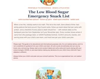 Low Blood Sugar Snack List for Type 1 Diabetes, Printable 15g Fast Acting Carb Chart