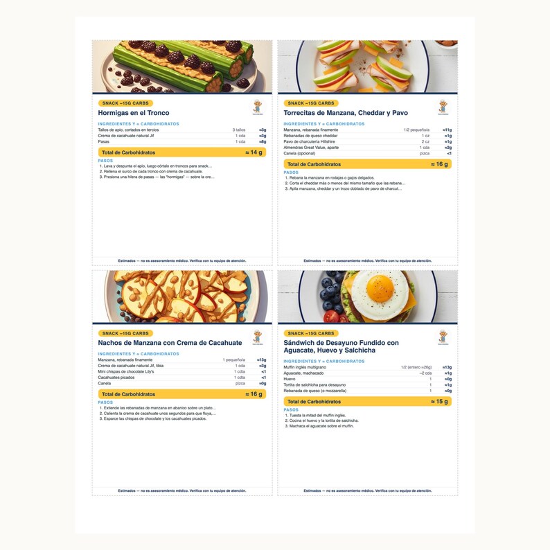 Rezeptkarten für Typ-1-Diabetes, 50 druckbare kohlenhydratarme Snacks und Mahlzeiten für Kinder mit Kohlenhydratangaben, Englisch und Spanisch Bild 7