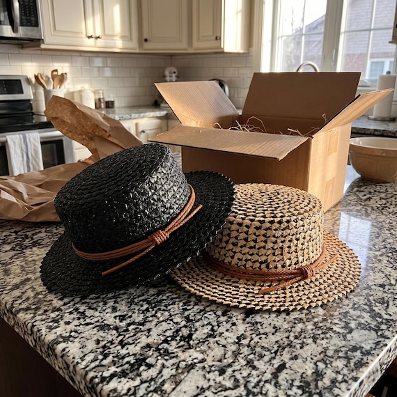 Black Straw Boater Hat, Flat Top Woven Sun Hat, Luxury Summer Beach Headwear, Elegant Vacation Resort Wear for Women