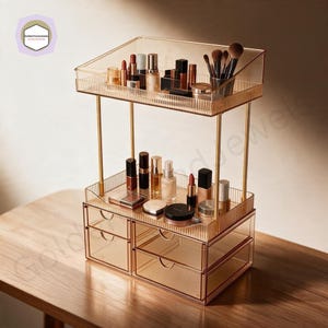 4 Tier Makeup Organizer, Amber Cosmetic Storage Drawers, Bathroom Vanity Counter Organizer