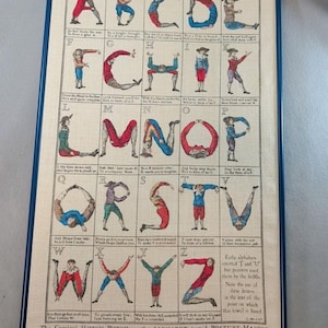 May include: A framed print featuring a grid of the alphabet where each letter is formed by a person in a specific posture. The print includes historical text and illustrations in red, blue, and brown tones on a cream background, titled The Comical HOTCH-POTCH, or the ALPHABET turn'd POSTURE-MASTER.