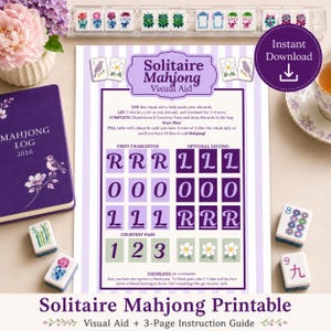 Può includere: Una guida stampabile di aiuto visivo per il Mahjong Solitaire con sfondo a righe viola e bianche, testo di istruzioni e una griglia per tracciare gli scarti. Il documento include sezioni per First Charleston, Optional Second e Courtesy Pass.
