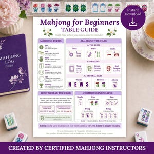 May include: A Mahjong for Beginners table guide printed on a white sheet with purple text and graphics. It includes sections on Mahjong terms, tile suits, dragons, neutral tiles, and common hand shapes, alongside a purple Mahjong log book.