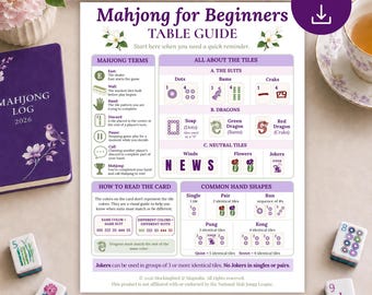 May include: A Mahjong for Beginners table guide printed on a white sheet with purple text and graphics. It includes sections on Mahjong terms, tile suits, dragons, neutral tiles, and common hand shapes, alongside a purple Mahjong log book.