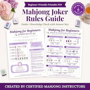 May include: A printable PDF guide titled Mahjong Joker Rules Guide, featuring two pages of instructional text, diagrams, and a knowledge check. The document includes rules for joker usage, exchange scenarios, and practice questions with checkboxes for answers.