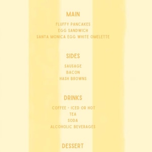 May include: A vertical breakfast buffet menu card with a pale yellow striped background and three small bee illustrations. The text lists starters, mains, sides, drinks, and desserts, including items like mini cinnamon rolls, pancakes, and egg sandwiches.