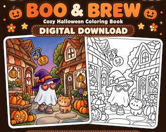 Puede incluir: Un libro de colorear digital titulado Mellow Co. Boo & Brew Cozy Halloween Coloring Book con 15 páginas. La portada muestra una ilustración a color y otra en blanco y negro de un fantasma con sombrero de bruja y un gato entre calabazas.