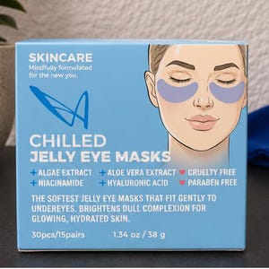 May include: A light blue rectangular box of chilled jelly eye masks featuring an illustration of a face with purple under-eye patches. The text reads Skincare, Chilled Jelly Eye Masks, Algae Extract, Aloe Vera Extract, Niacinamide, Hyaluronic Acid, Cruelty Free, Paraben Free, 30pcs/15pairs, and 1.34 oz / 38 g.