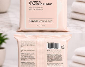 Global Beauty Care Glowing Vitamin C Cleansing Cloths 25 Count, Niacinamide & AHA Facial Wipes, Brightening Makeup Remover