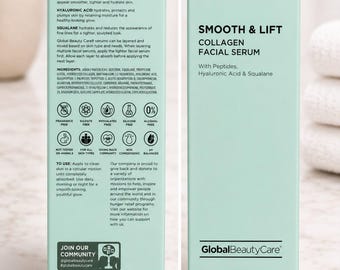 Global Beauty Care Smooth & Lift Collagen Facial Serum Peptides Hyaluronic Acid Squalane Anti Aging 1 oz 30ml