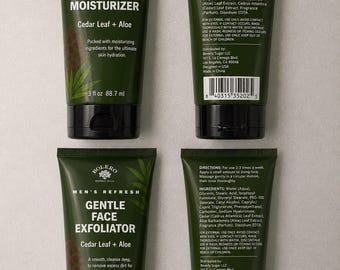 Bolero Men's Refresh Facial Moisturizer  Gentle Face Exfoliator Set, Cedar Leaf and Aloe Skin Care Duo, 3 oz Each