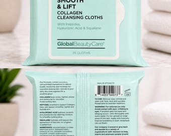 Global Beauty Care Smooth & Lift Collagen Cleansing Cloths 25 Count, Peptides Hyaluronic Acid Squalane Facial Wipes