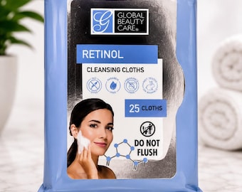 Global Beauty Care Retinol Cleansing Cloths 25 Count, Makeup Remover Wipes, Facial Cleansing Towelettes, Fragrance Free