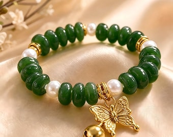Dark Green Tourmaline Rondelle & Freshwater Pearl Bracelet with Gold Butterfly Bell Charm | Natural Gemstone Stretch Bracelet