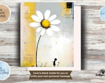 May include: A set of 6 note cards measuring 4.25 inches by 5.5 inches with 6 white envelopes. The card features a large white daisy with a yellow center against a yellow and gray abstract background, with a small black silhouette of a person.