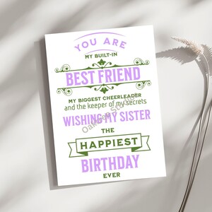 Tarjeta de cumpleaños para hermana imprimible, tarjeta de felicitación para la mejor hermana del mundo: deseos de cumpleaños para tu mejor amiga de toda la vida, archivo digital imprimible