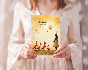 Fox Birthday Card: Whimsical Folk Art Animal Greeting