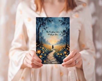 Folk Art Firefly Birthday Card: Whimsical Meadow Path Greeting