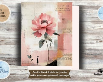 May include: A set of 6 note cards measuring 4.25 inches by 5.5 inches with 6 white envelopes. The card features a large pink peony illustration, a small silhouette figure, and script text on a textured background. The card is blank inside.