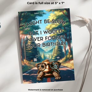 Cartão de aniversário exclusivo inspirado em animais para impressão, mensagem peculiar, Timmy, a tartaruga, cartão hilário para amigo