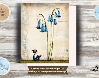 May include: A set of 6 note cards measuring 4.25 inches by 5.5 inches, featuring an illustration of a person reading a book under tall bluebell flowers. The design includes the text Bluebells and a quote, with 6 white envelopes included.